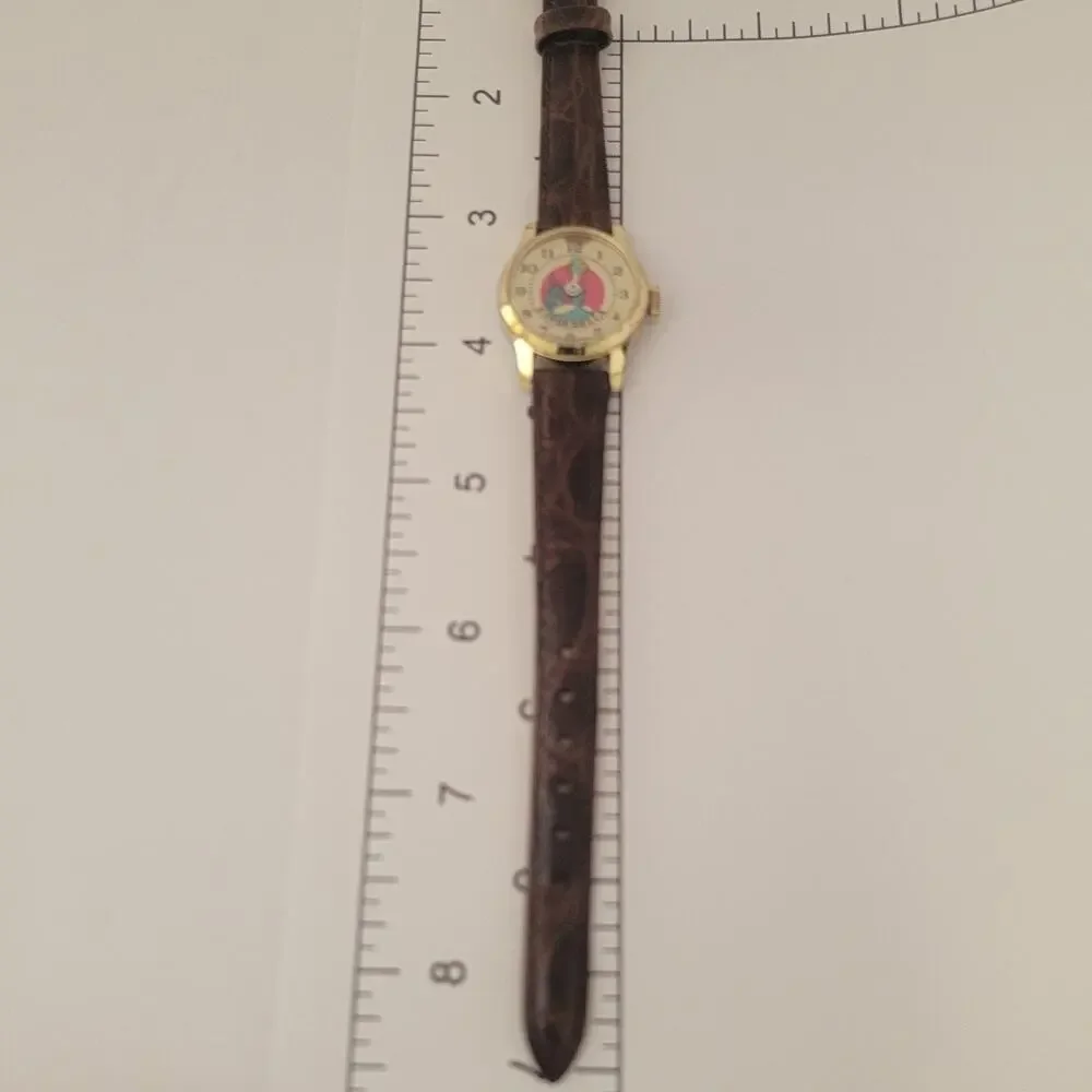 Bradley Cinderella Girls Watch Gold Case Cream Dial Brown Leather Vintage Swiss